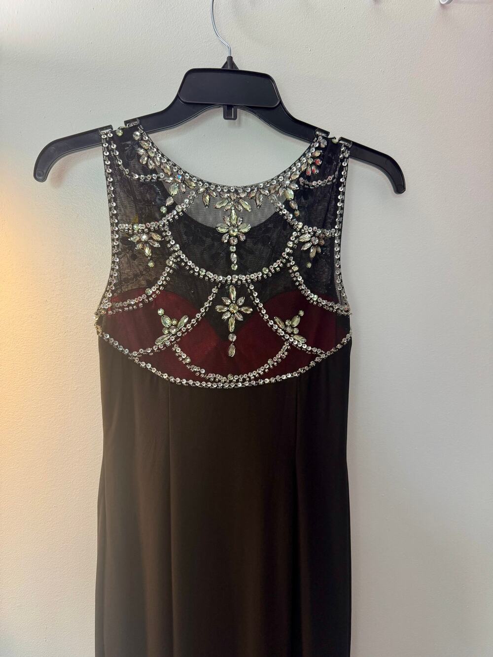 Betsy & Adam Black Beaded Illusion Neckline Formal Gown Size 4